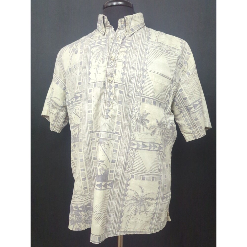 Tori Richard Men’s Hawaiian Shirt Medium beige/gray Tribal Hawaii Button Down